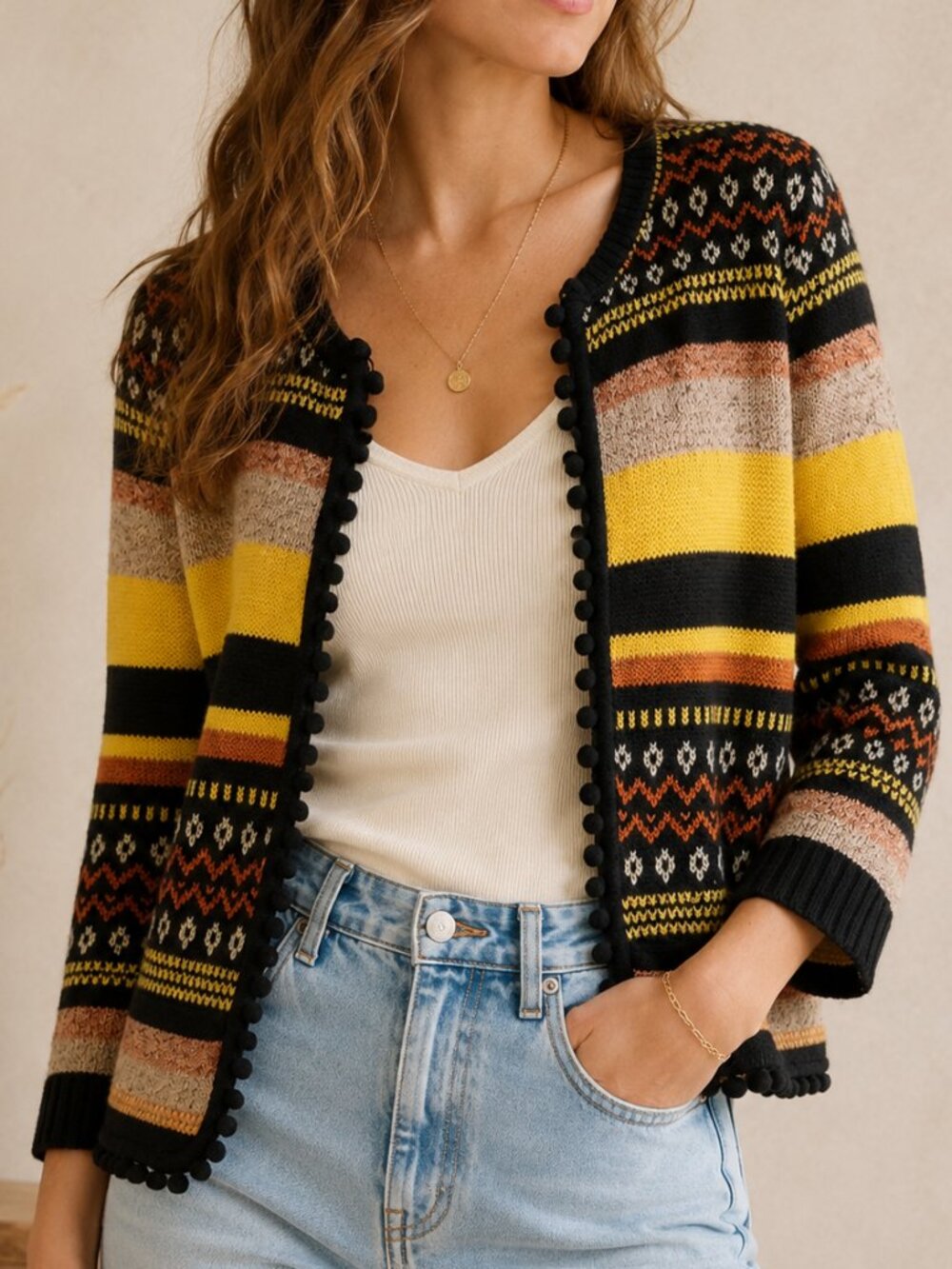Together Fair Isle Pom Pom Trim Cardigan Boho Open Front Sweater Size 10